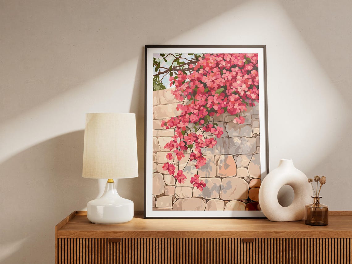 Pink Bougainvillea Spilling Over a Mediterranean Stone Wall Poster - Image 5