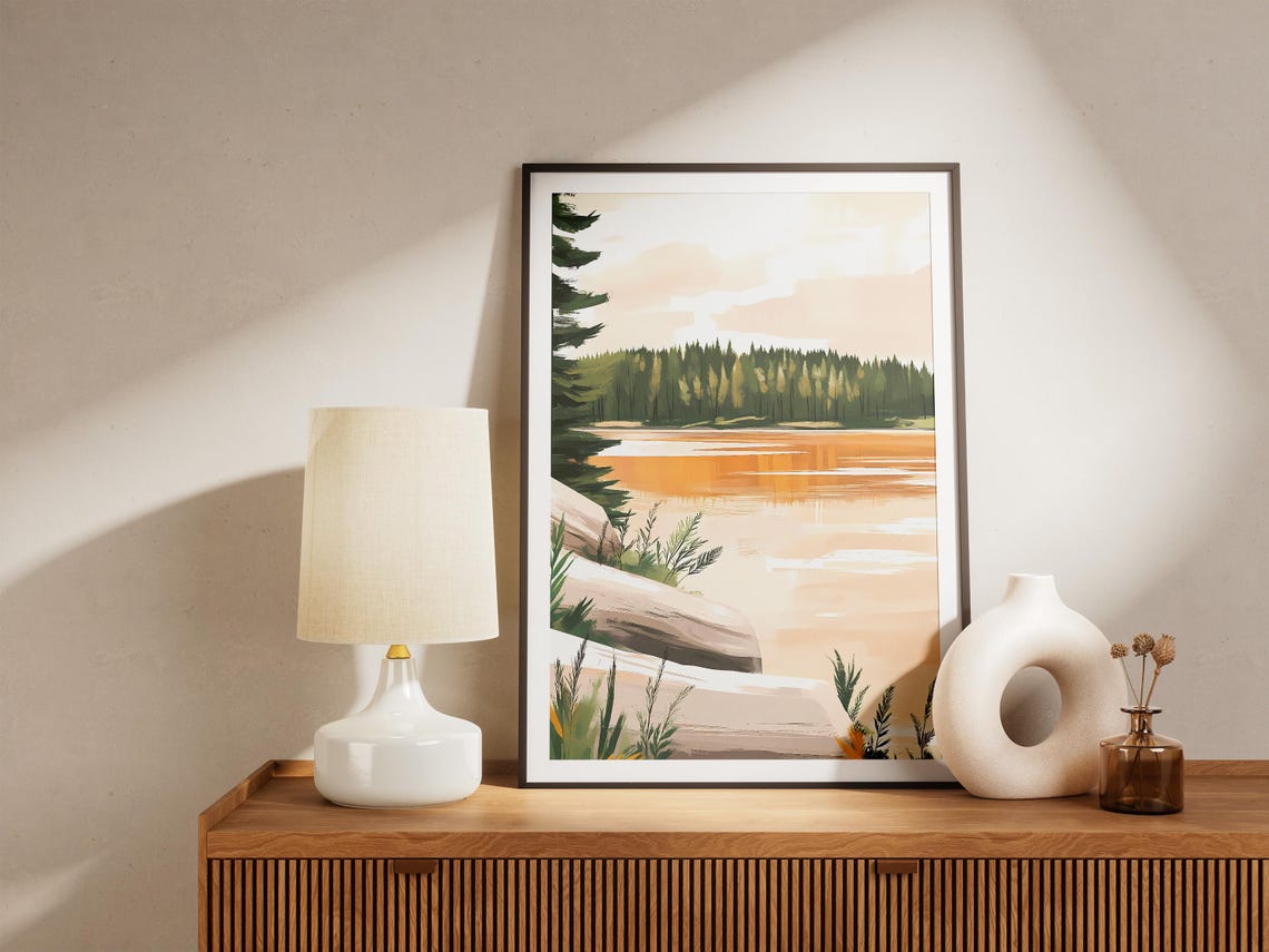 Warm Golden Hour Lake With A Rocky Pine Shore Landscape Poster - Image 5