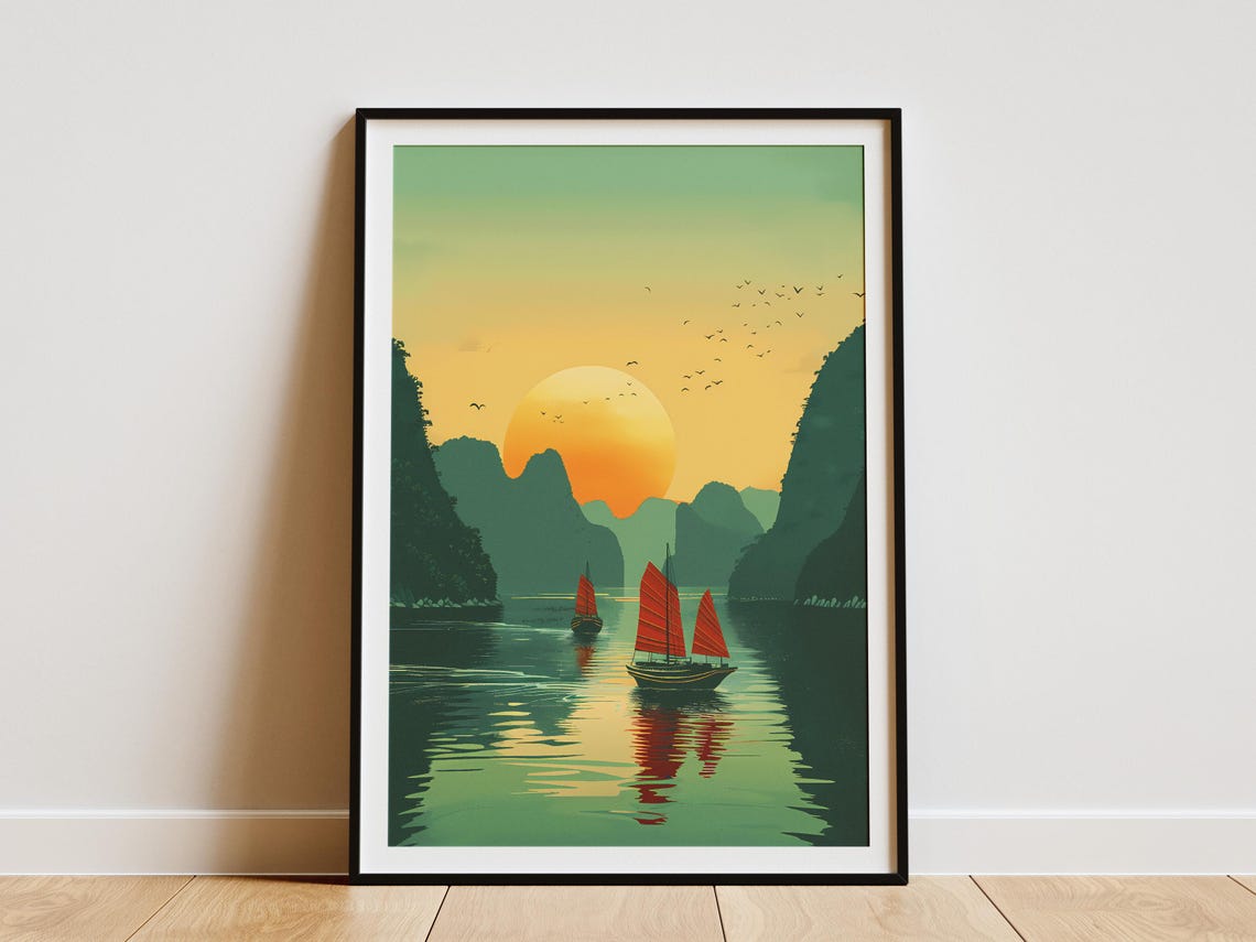Halong Bay Vietnam Sunset Junk Boats Minimalist Landscape Poster