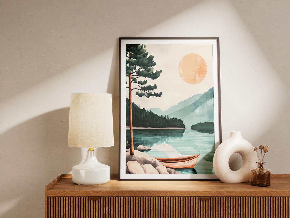 Calm Mountain Lake With Canoe Pine Tree Minimalist Art Poster - Image 5
