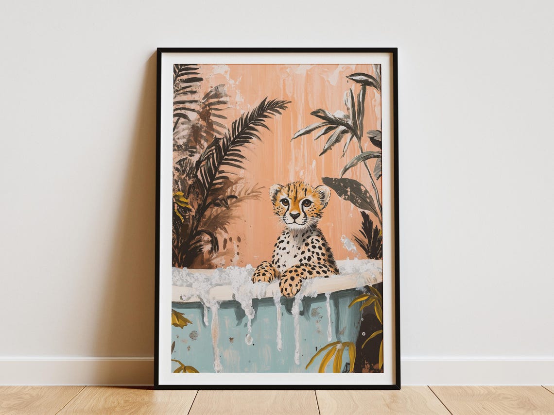 Baby Cheetah in Bubble Bath Tropical Bathroom Cute Animal Poster