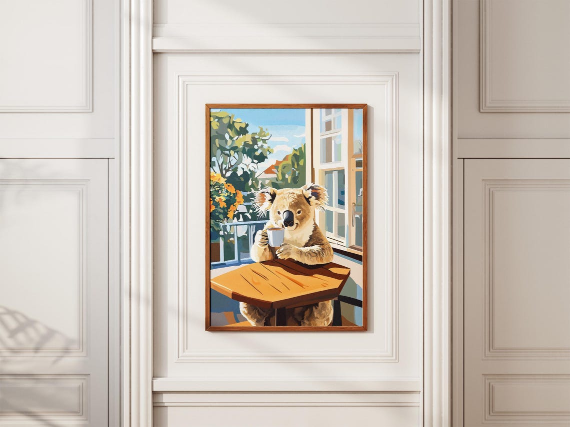 Koala Cafe Art Print Cozy Coffee Shop Poster Animal Illustration Wall Bear Drinking Paper Cute - Image 2