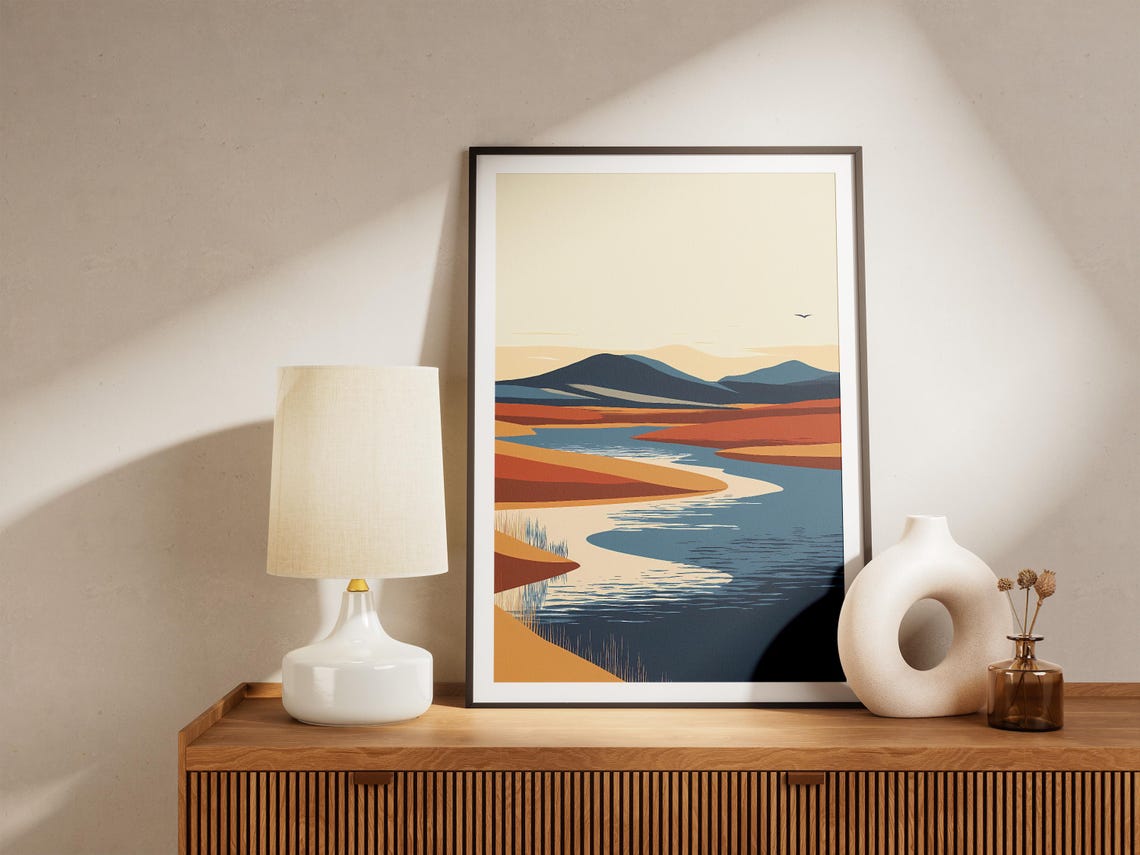 Abstract Steppe River Sunset Rust Orange Plains Landscape Poster - Image 5