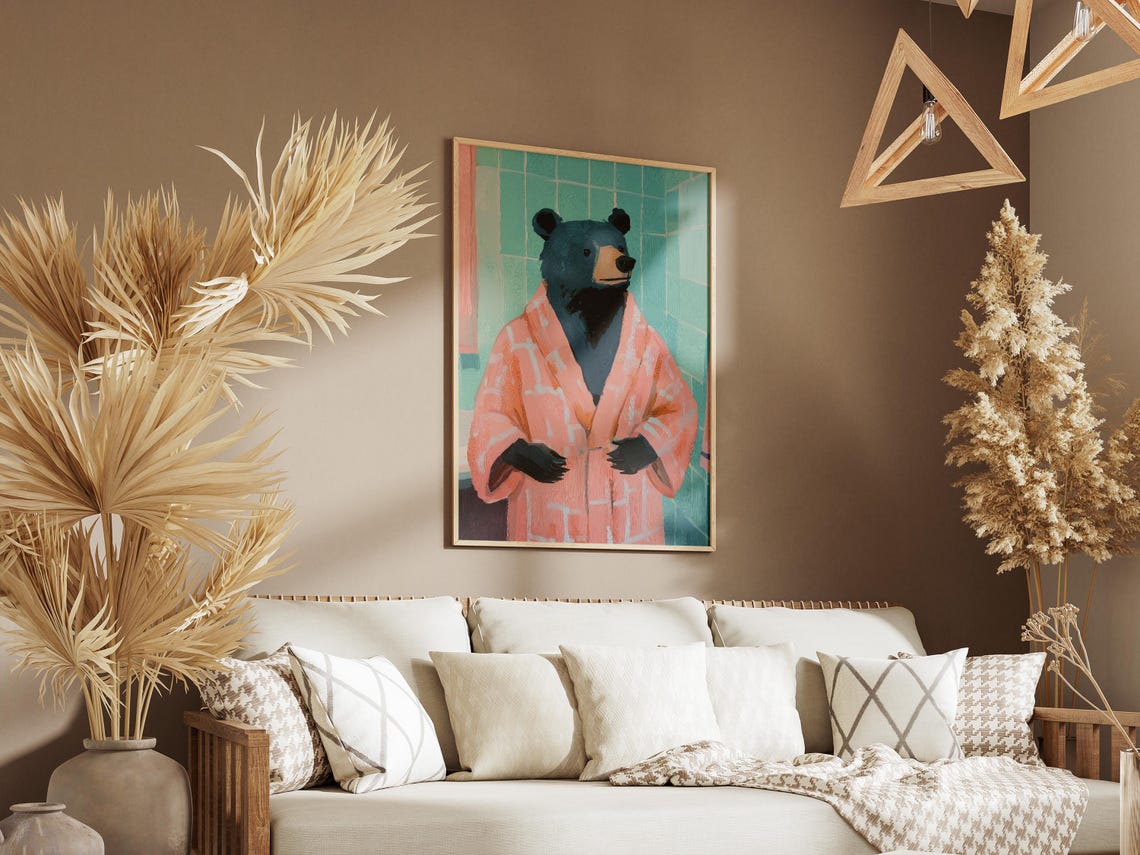 Deadpan Black Bear in a Coral Checkered Bathrobe Bathroom Poster - Image 3