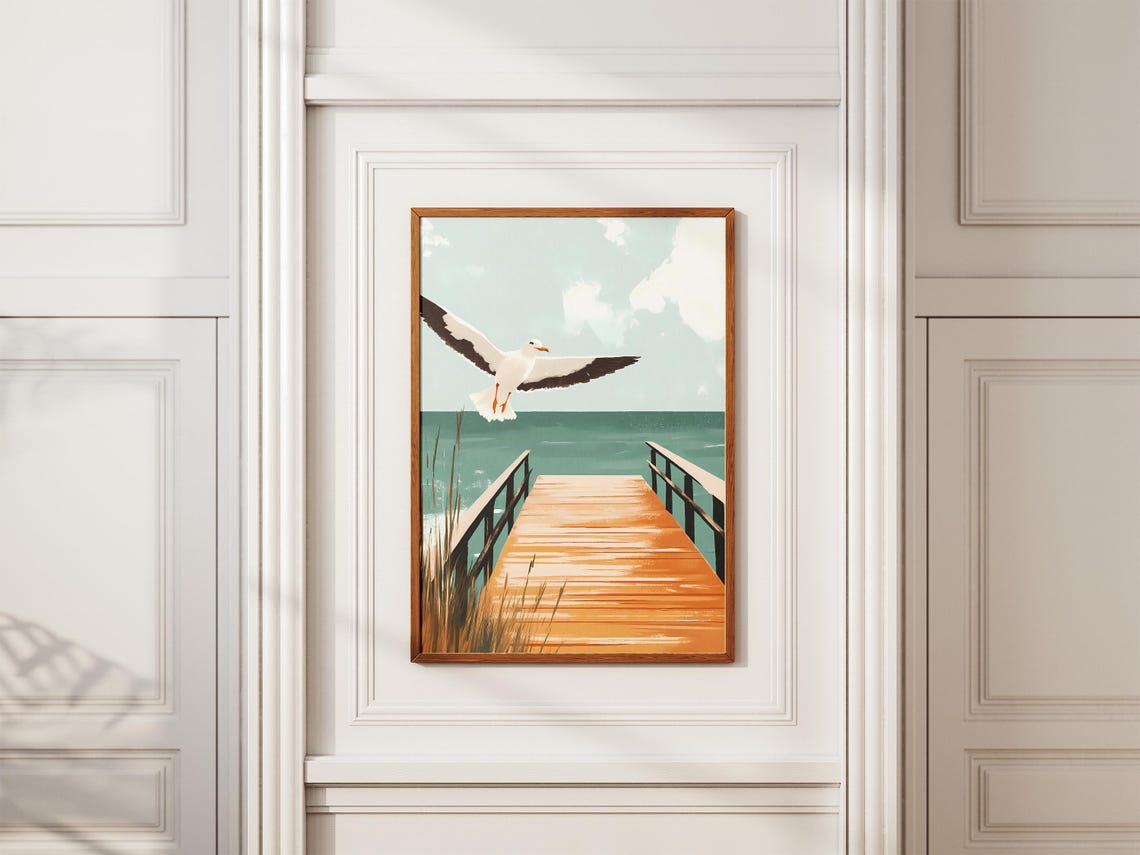 Seagull Flying Over Beach Boardwalk Ocean Coastal Scene Poster - Image 2