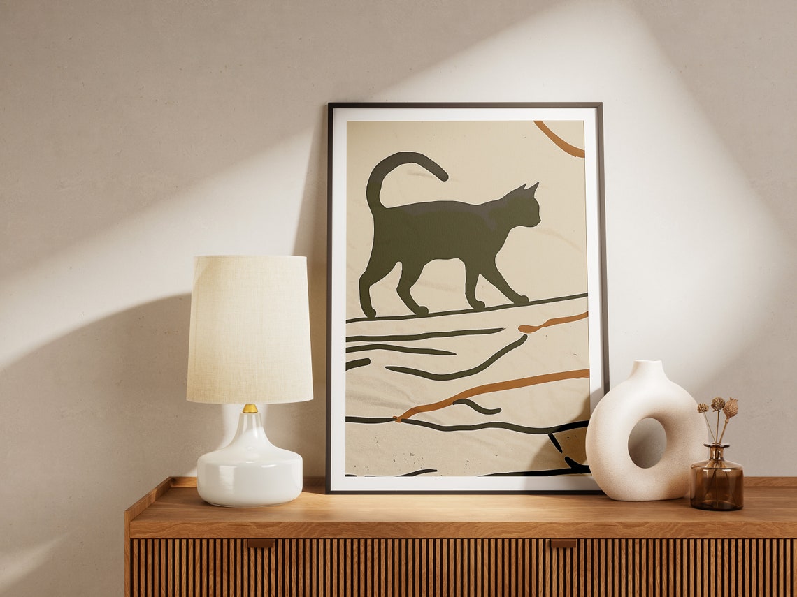 Black Cat Silhouette Walking Minimalist Abstract Modern Art Print - Image 2