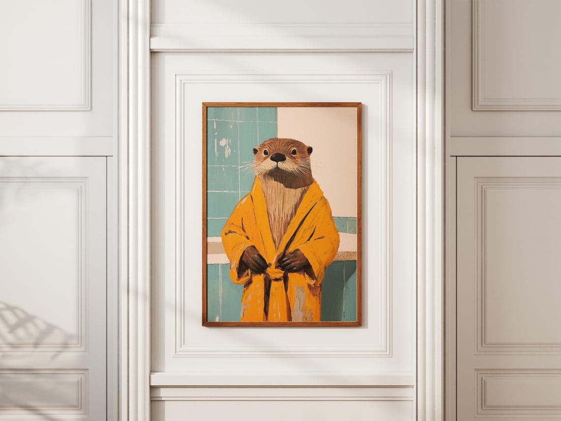 Sea Otter Wearing Yellow Bathrobe Teal Tile Bathroom Art Poster - Image 2