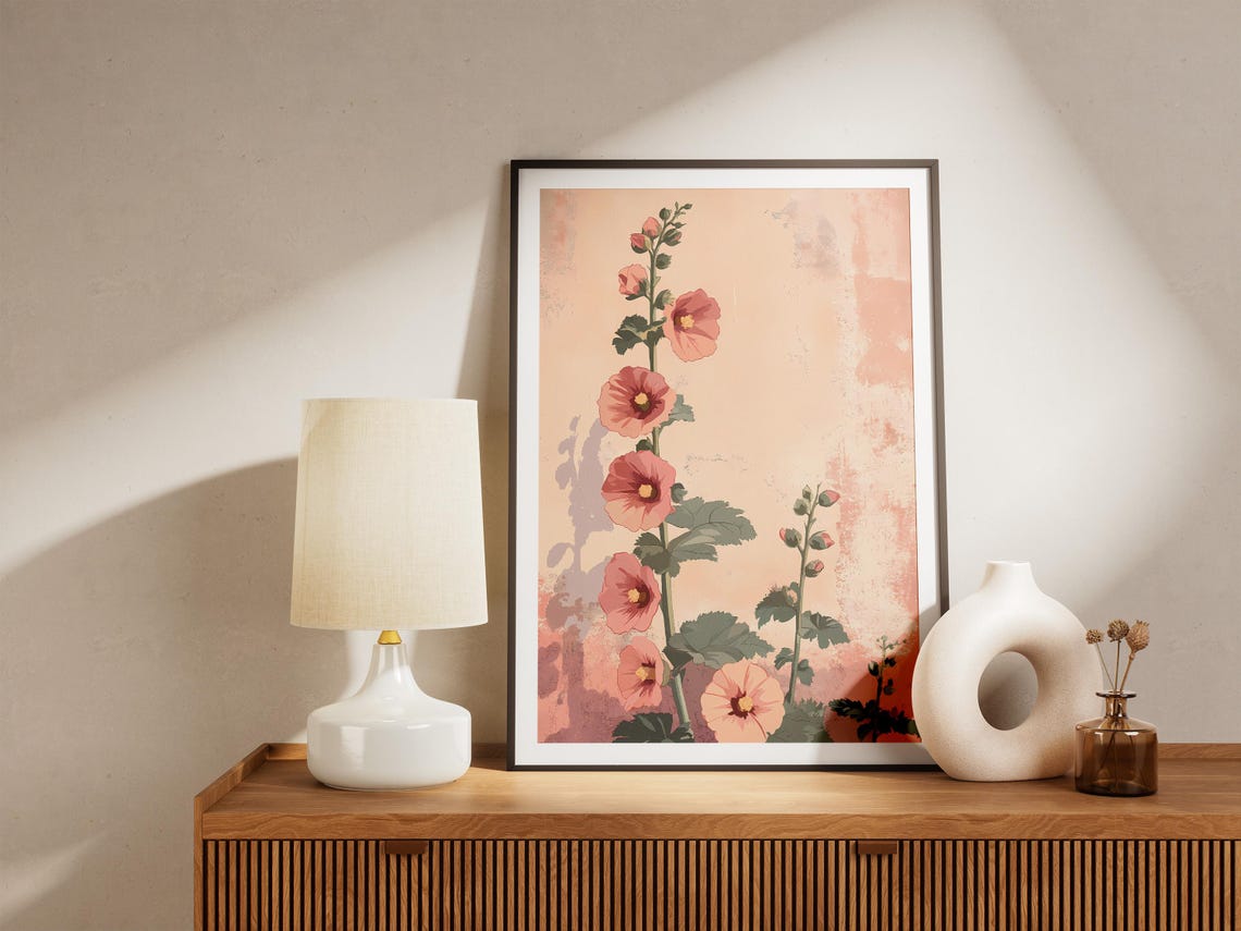 Peach Hollyhock Stems Cottage Garden Flower Botanical Poster - Image 5