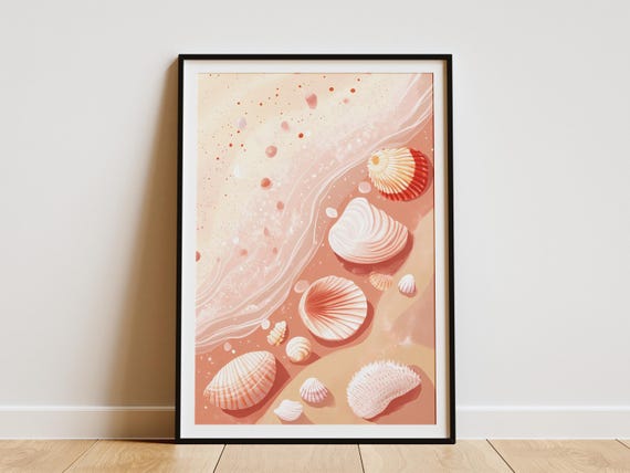 Seashell Beach Poster Coastal Wall Art Ocean Print Summer Decor Pink Seashells Tide Pool Illustration Beach Home Decor Seashore Artwork