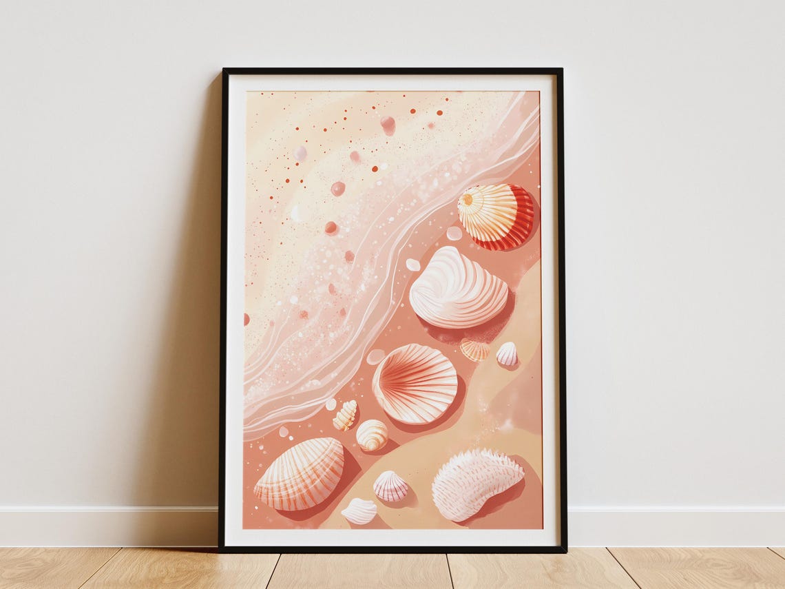 Seashell Beach Poster Coastal Wall Art Ocean Print Summer Decor Pink Seashells Tide Pool Illustration Beach Home Decor Seashore Artwork