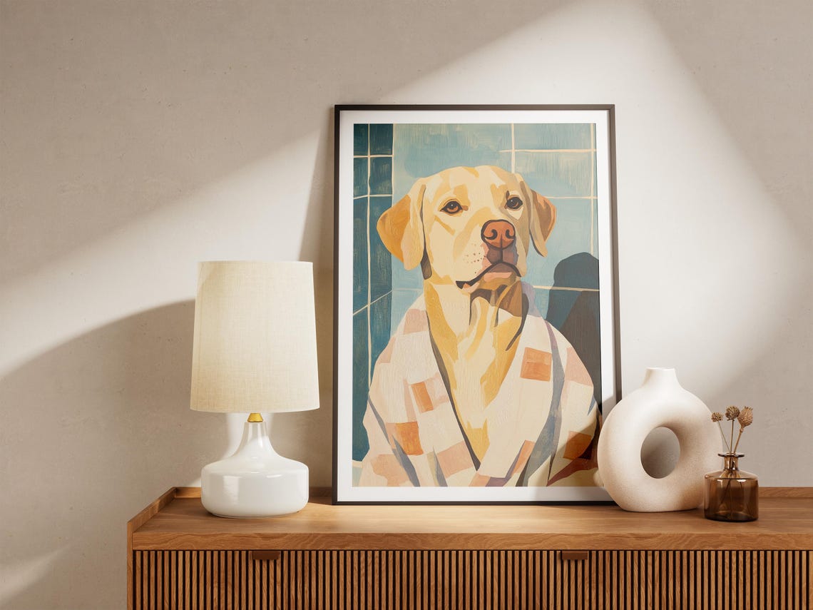 Labrador Retriever in Patchwork Bathrobe Cozy Dog Art Poster - Image 4
