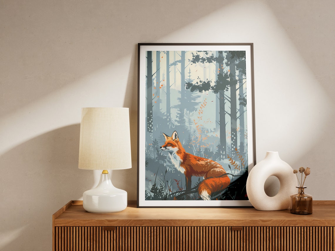 Watchful Red Fox in Misty Pine Forest Wildlife Illustration Poster - Image 2