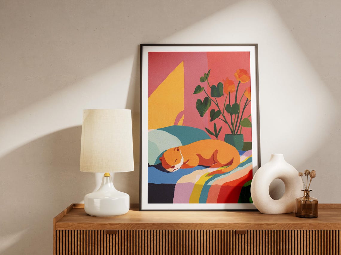 Sleeping Otter on Colorful Bed Pink Flowers Matisse Art Poster - Image 4