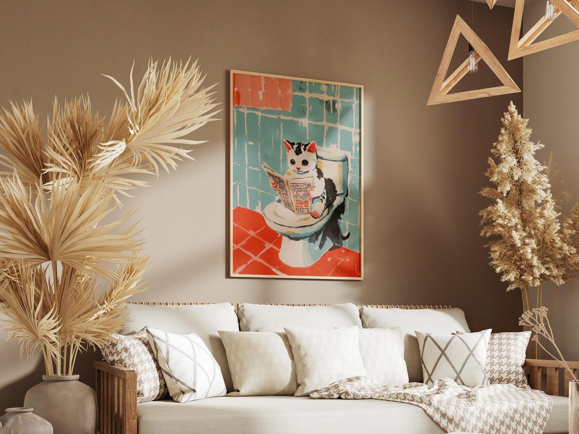 Kitten Reading Newspaper on Toilet Funny Bathroom Art Poster - Image 3