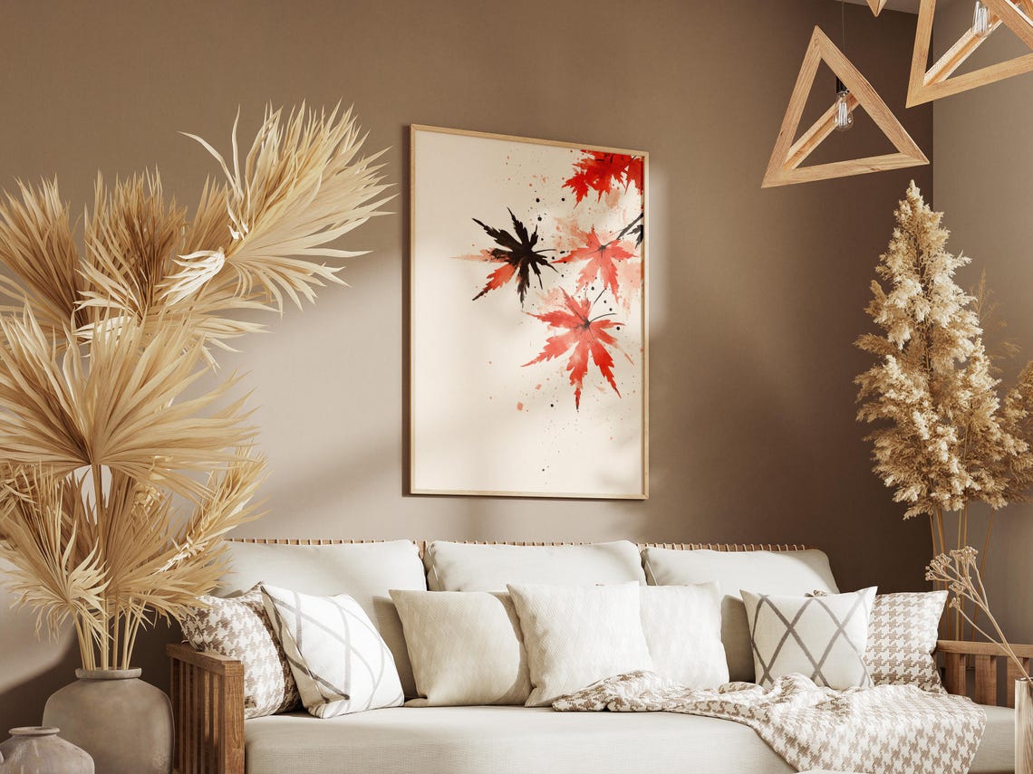 Red Japanese Maple Leaves Sumi E Ink Watercolor Botanical Art Poster - Image 3