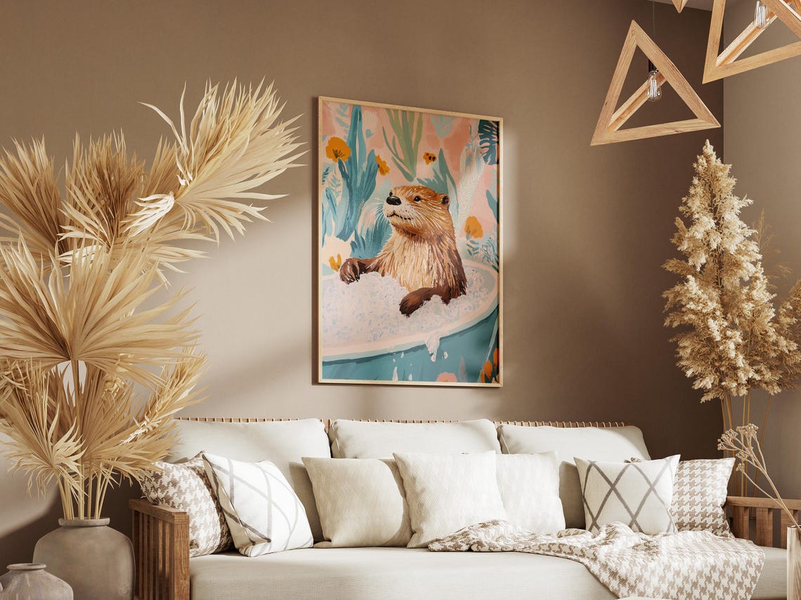 Otter Relaxing in Bubble Bath Floral Teal Tub Bathroom Poster - Image 3
