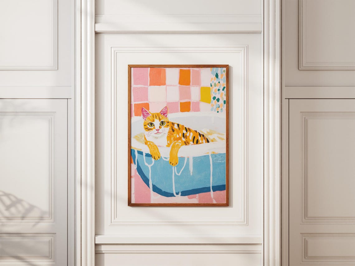 Savannah Cat Bubble Bath Colorful Pink Orange Tile Art Poster - Image 2