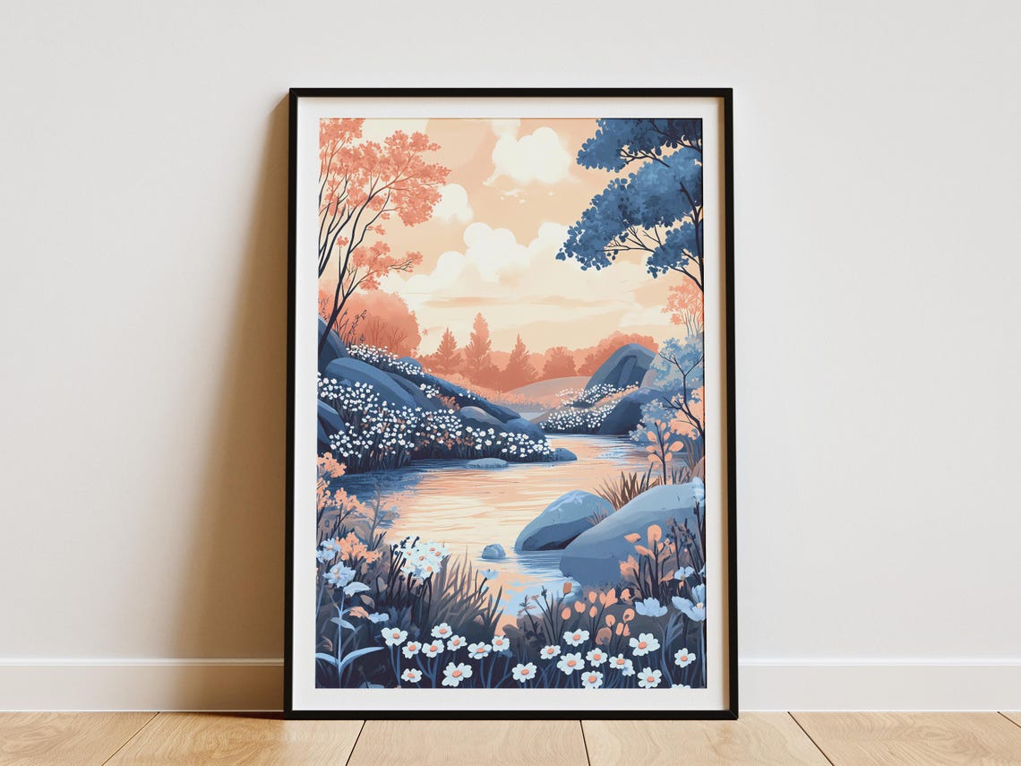 Sunrise River Valley Blue Peach Blossoms Scenic Landscape Poster