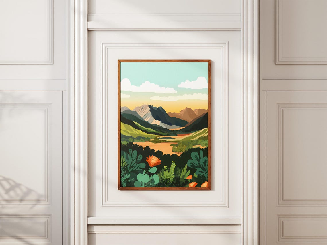 Alpine Sunrise Orange Wildflowers Rocky Peaks Valley View Poster - Image 2
