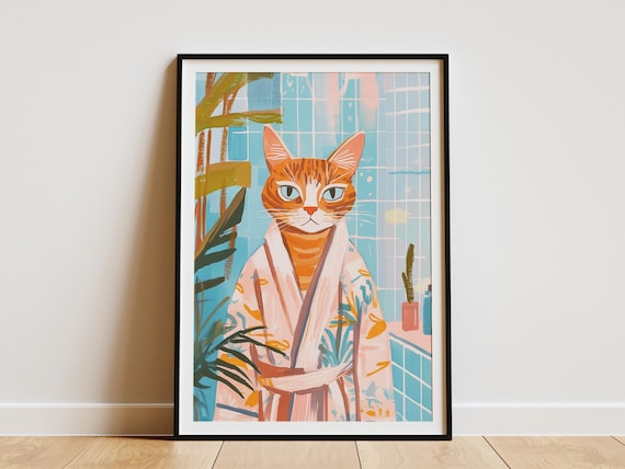 Orange Tabby Cat In Tropical Robe Poster Funny Pet Art For Bathroom