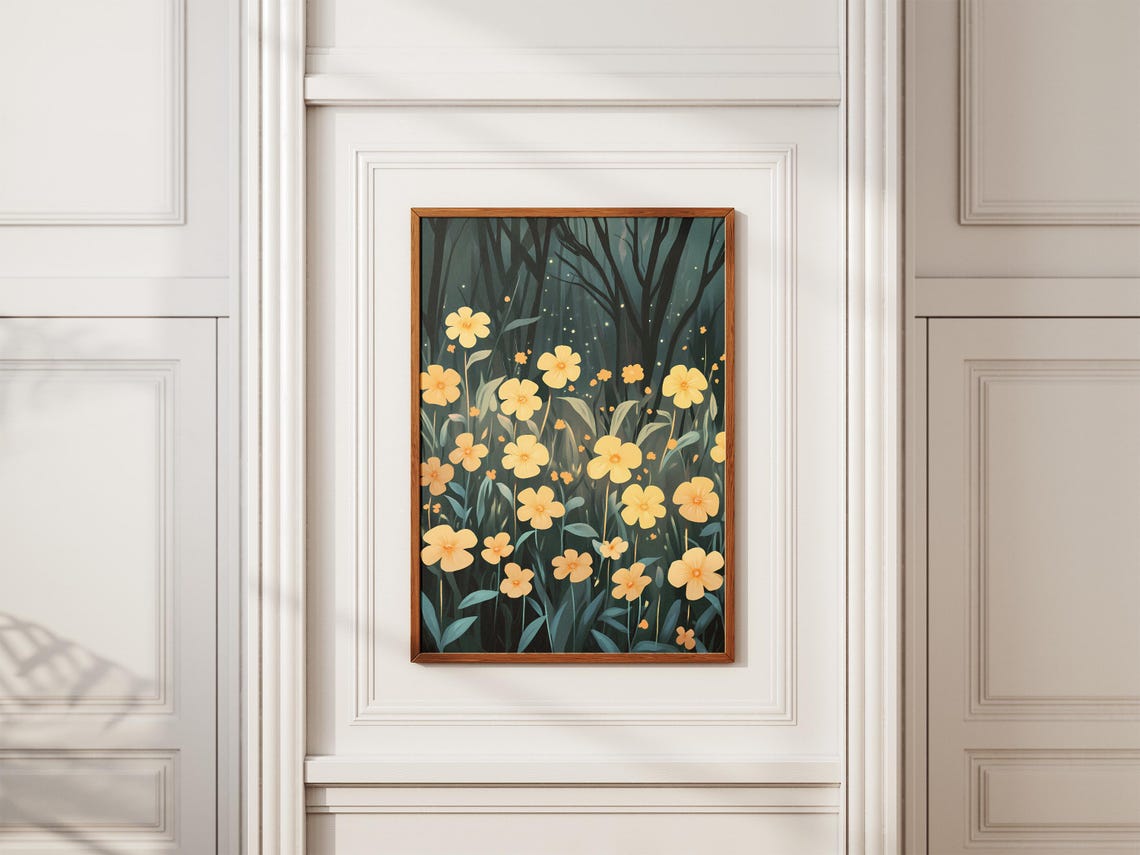 Golden Primroses Moonlit Forest Twilight Enchanted Flower Poster - Image 2