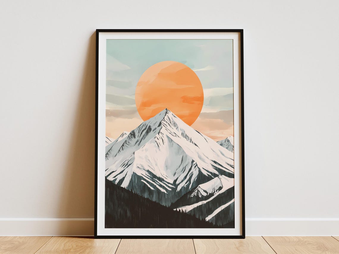 Giant Orange Sun Behind Snow Capped Mountain Peak Scenic Poster