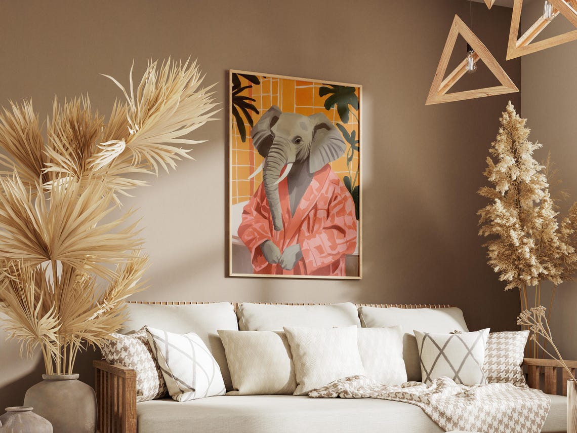 Elephant in Coral Bathrobe Yellow Tile Monstera Bathroom Poster - Image 3