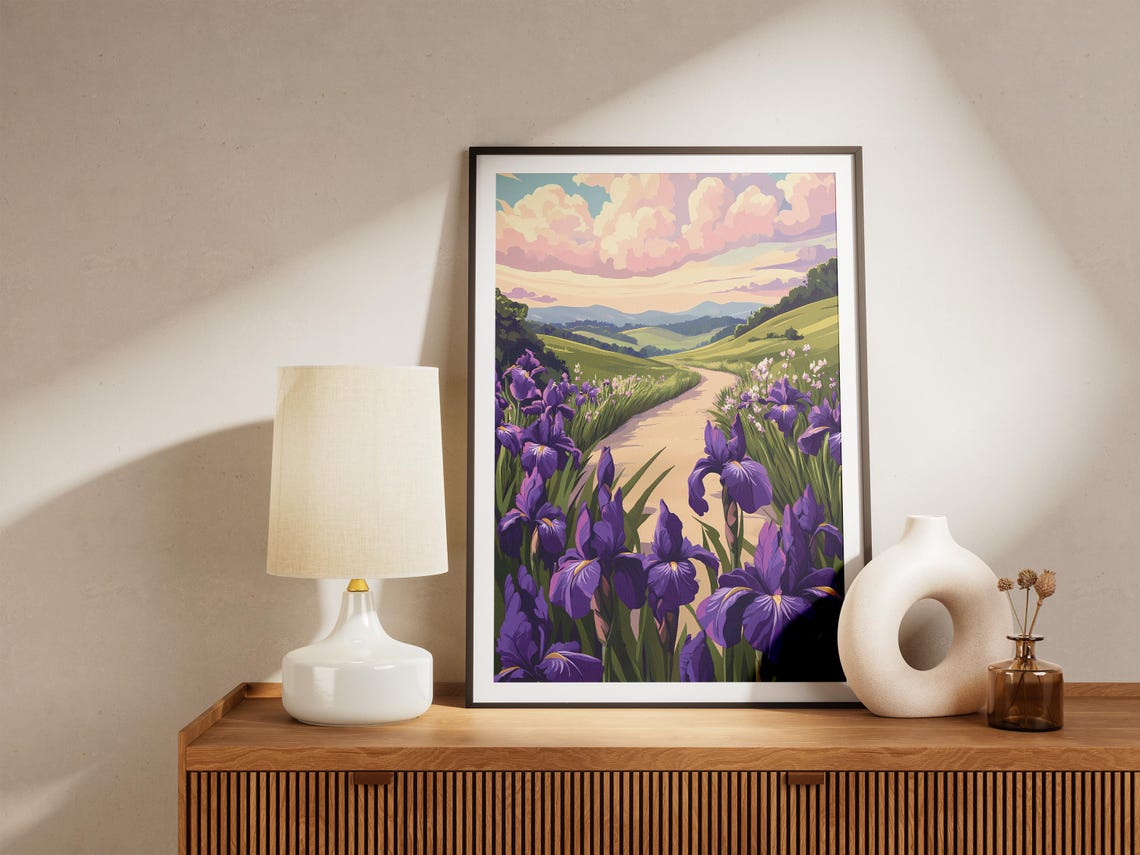Purple Irises Lining a Country Road Through Green Hills Poster - Image 5