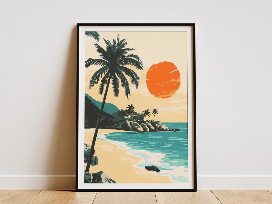 Tropical Beach Sunset With Leaning Palm Tree Retro Travel Poster