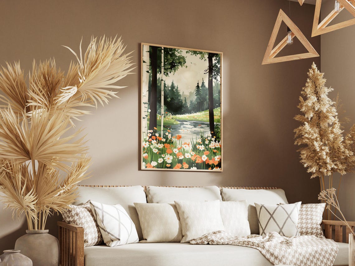 Birch Forest River With Orange And White Wildflowers Spring Poster - Image 3