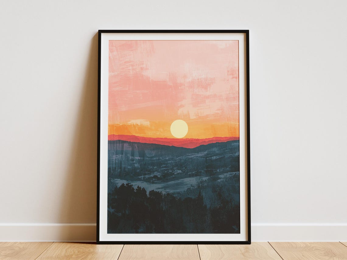 Glowing Sun Setting Over Layered Blue Mountains Evening Poster
