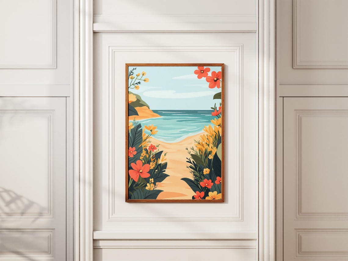 Beach Path Through Tropical Flowers Summer Coastal Illustration Poster - Image 2