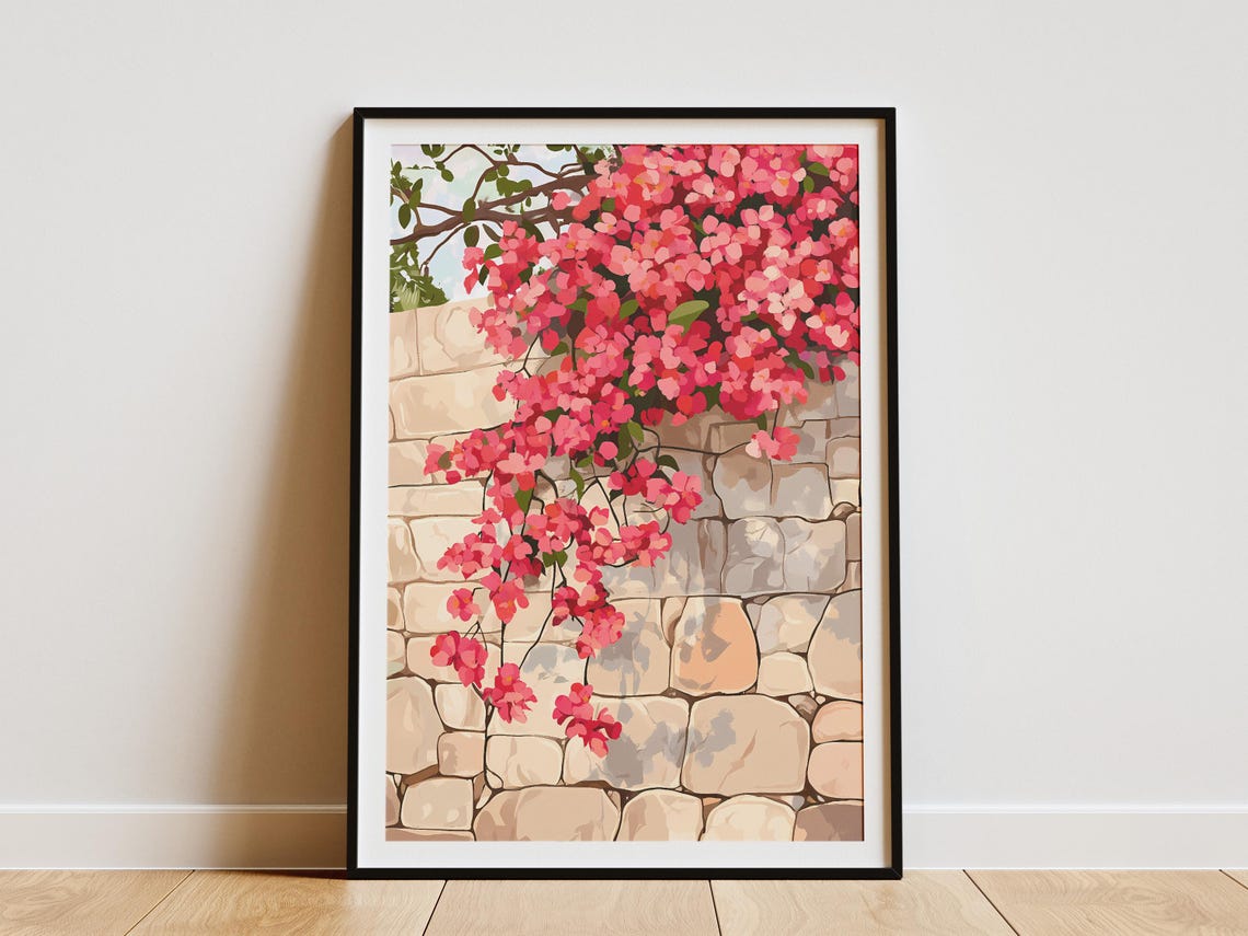 Pink Bougainvillea Spilling Over a Mediterranean Stone Wall Poster