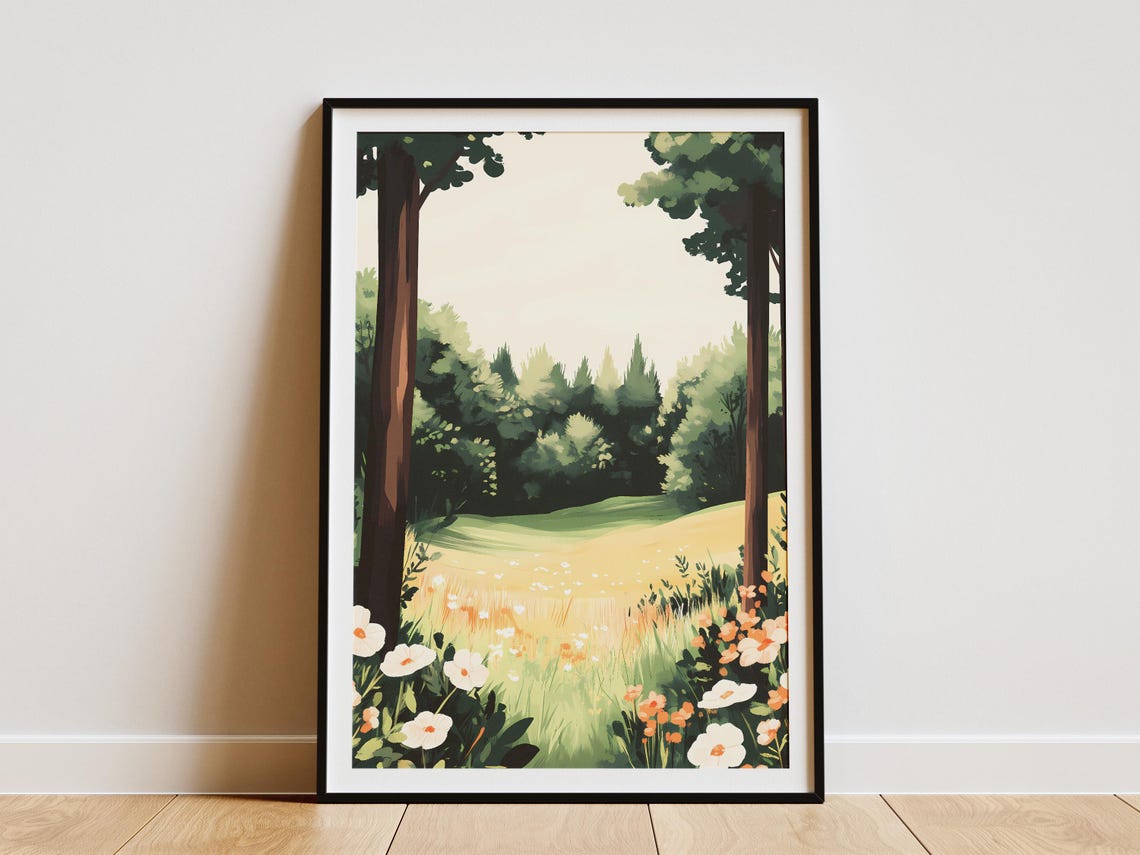 Forest Meadow Between Tree Trunks White Wildflowers Spring Art Poster