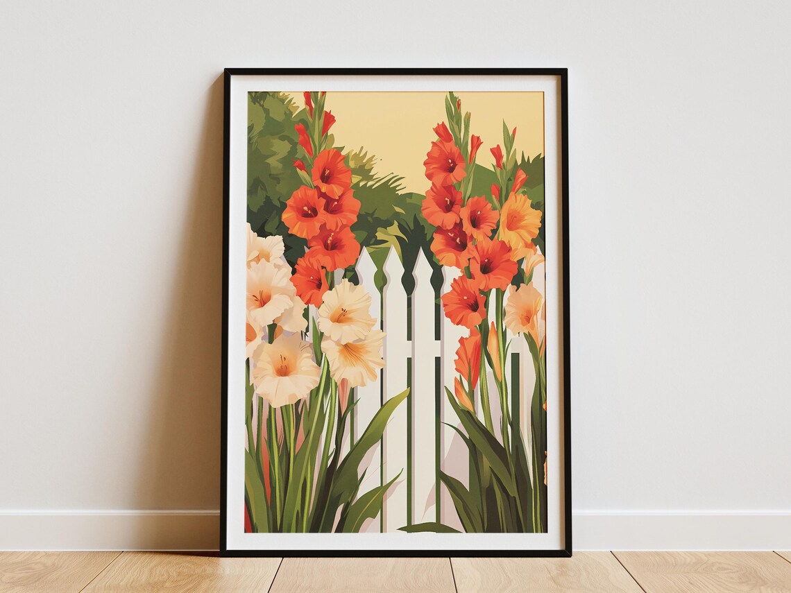 Gladiolus Flowers By White Picket Fence Summer Garden Poster