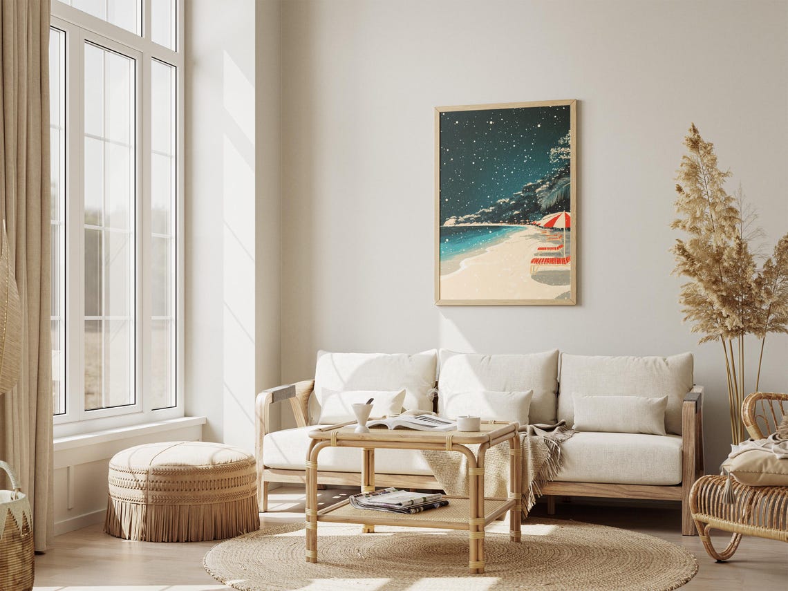 Snowy Beach At Night Starry Sky Red Umbrella Chairs Winter Poster - Image 4