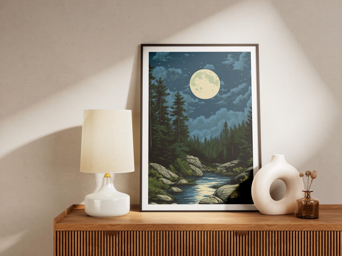Ozark National Forest Arkansas Full Moon River Night Landscape Poster - Image 4