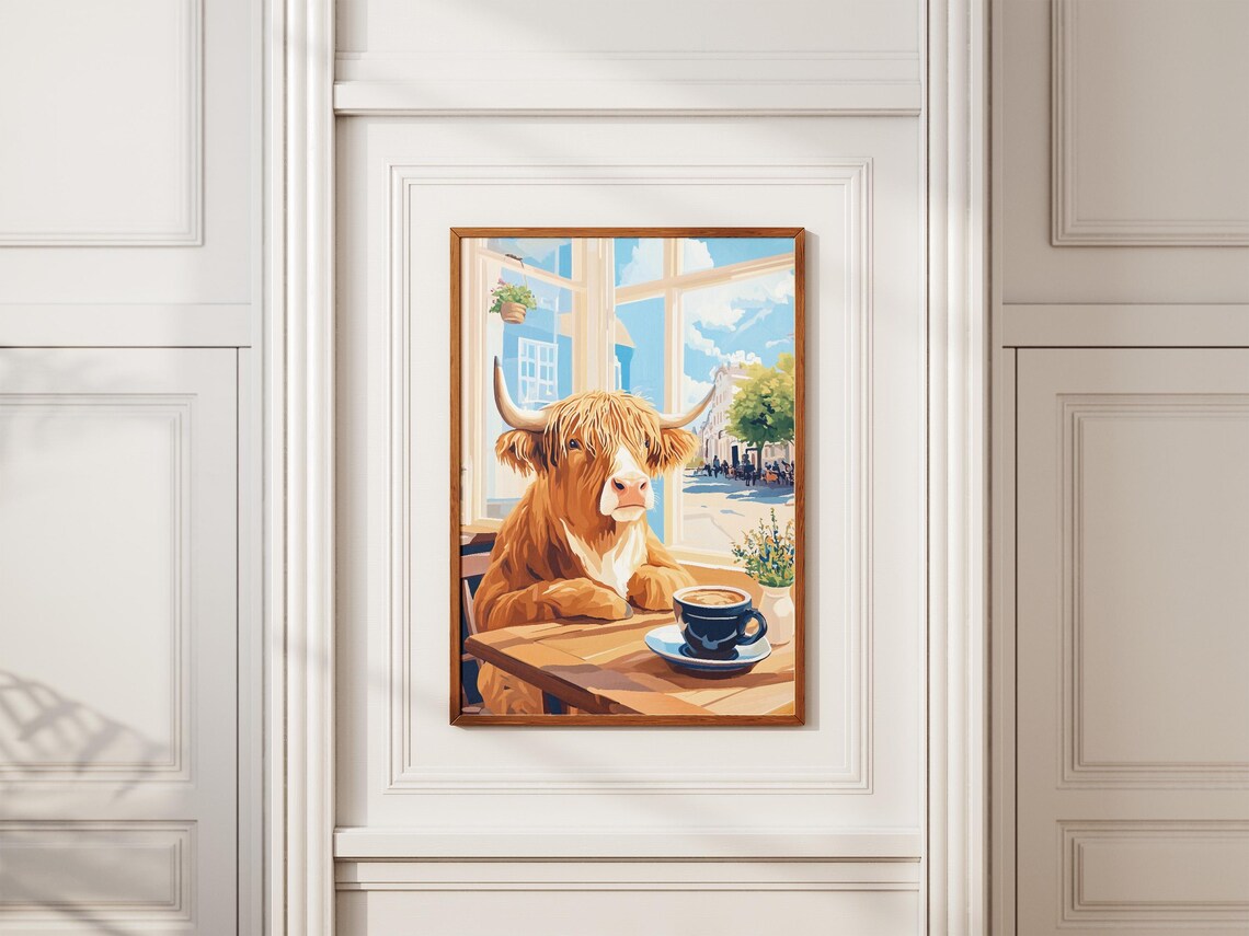Highland Cow Cafe Whimsical Coffee Shop Animal Portrait Art Poster - Image 2