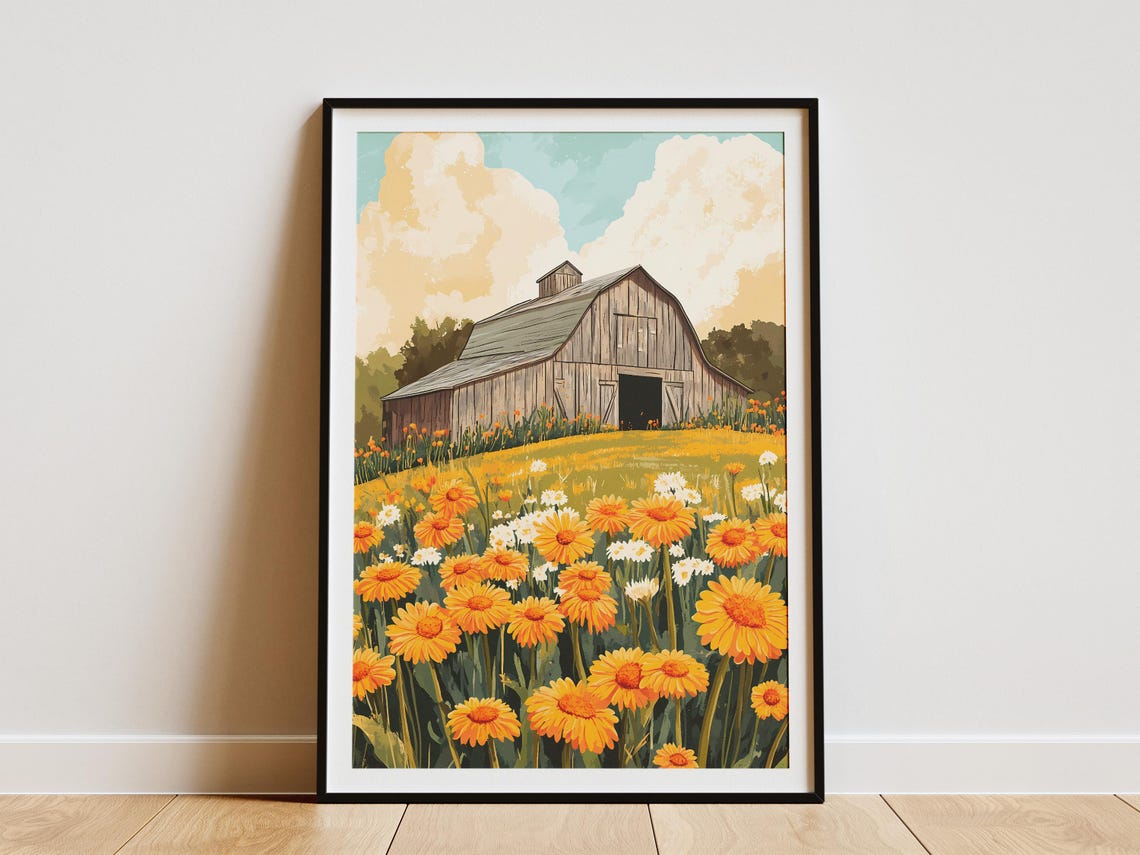 Rustic Barn Orange Marigold Daisy Field Summer Farm House Poster