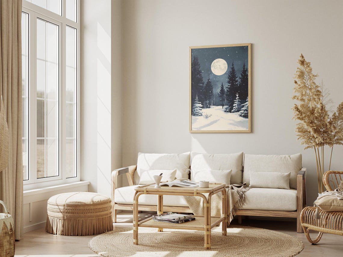 Full Moon Over a Snowy Night Forest with Stars and Falling Snow Poster - Image 4