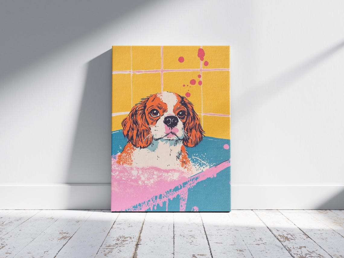Cavalier Spaniel Puppy in Bubble Bath Pop Art Bathroom Dog Poster - Image 2