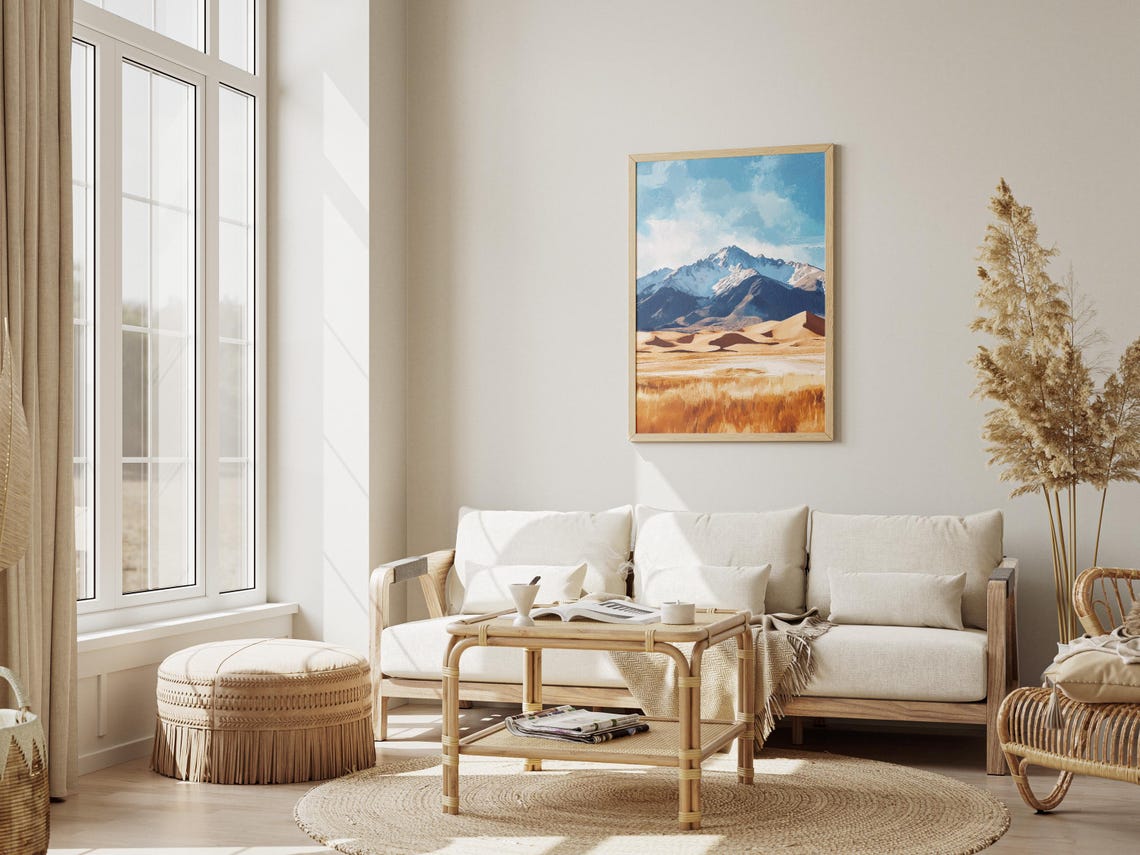 Snowy Mountain Peak Desert Sand Dunes Golden Hour Sunset Poster - Image 3