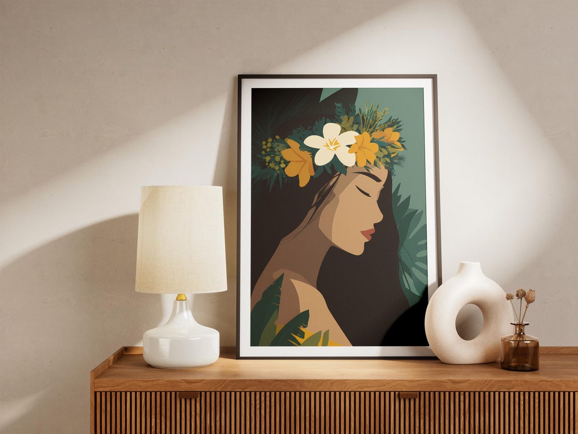 Floral Crown Woman Portrait Art Print, Tropical Botanical - Image 4