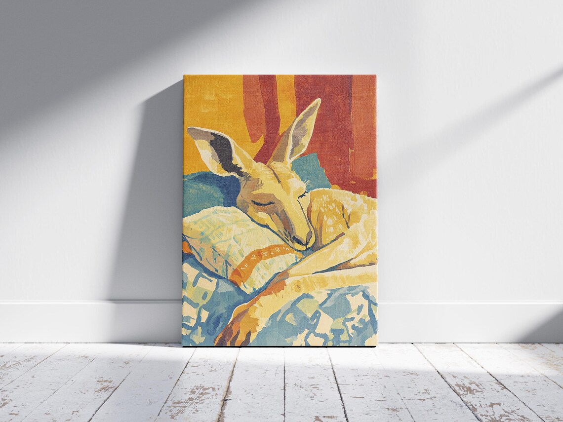 Sleeping Kangaroo Resting on Colorful Pillows in Warm Painterly Art Poster - Image 2