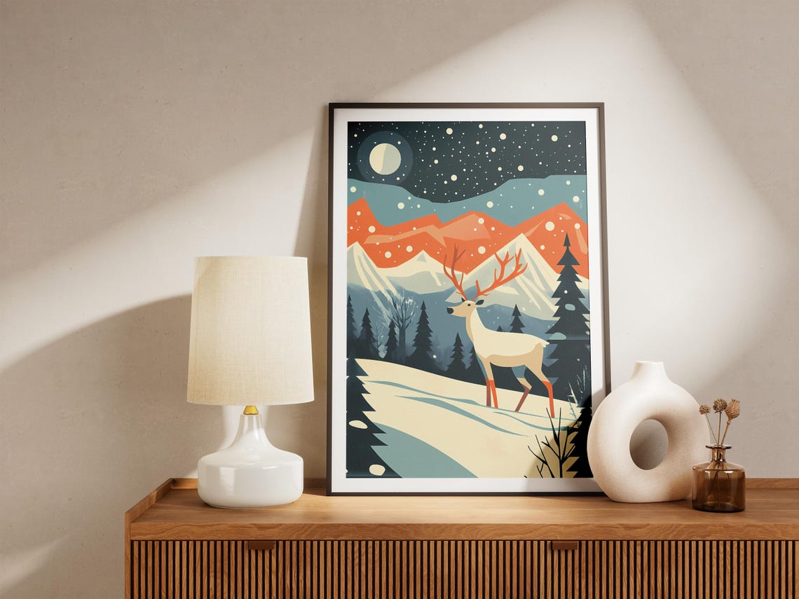 Siberian Tundra Christmas Reindeer Poster Vintage Festive Travel Print Holiday Decor Winter Animal Art Geometric Mountain Landscape Modern - Image 5