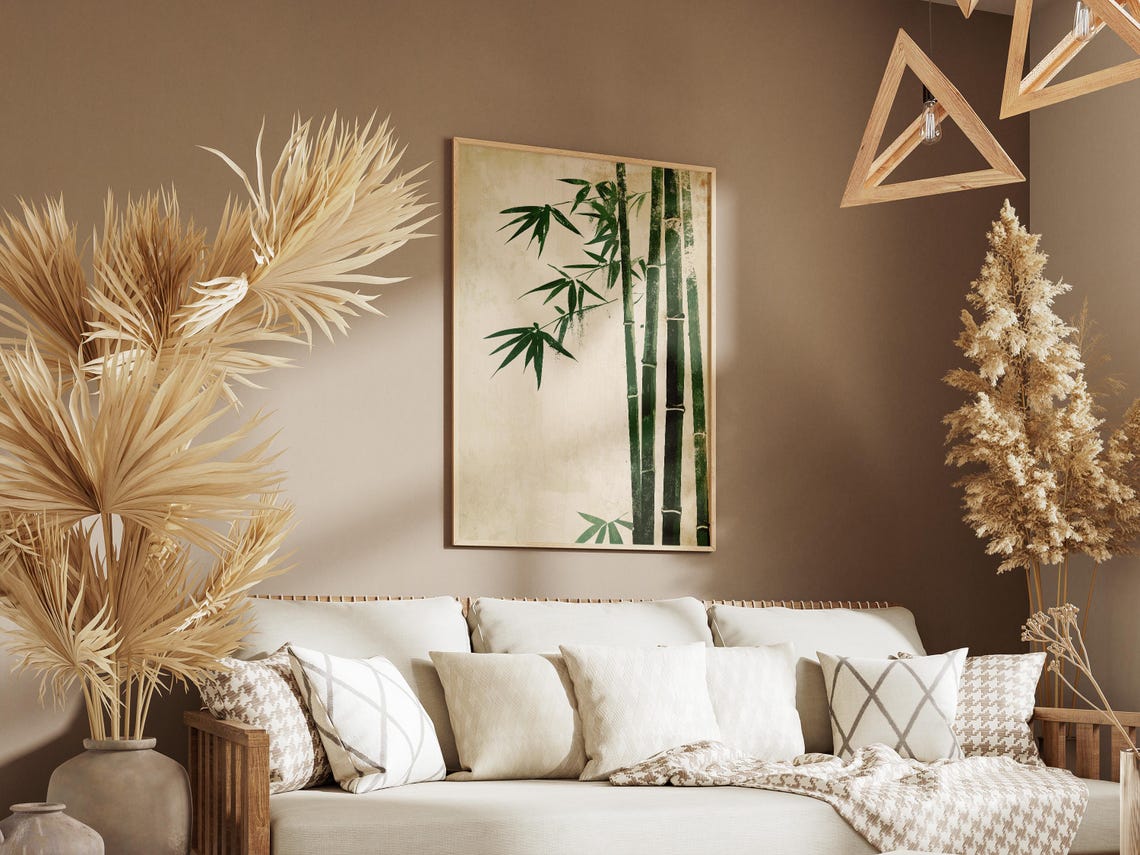 Green Bamboo Stalks Beige Minimalist Oriental Nature Art Poster - Image 3