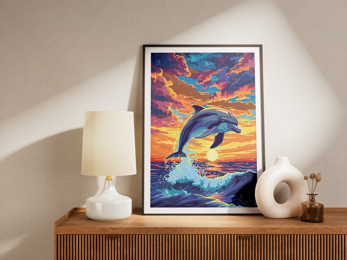 Ocean Dolphin Sunset Poster Print Abstract Animal Art Tropical Beach Wall Decor - Image 2