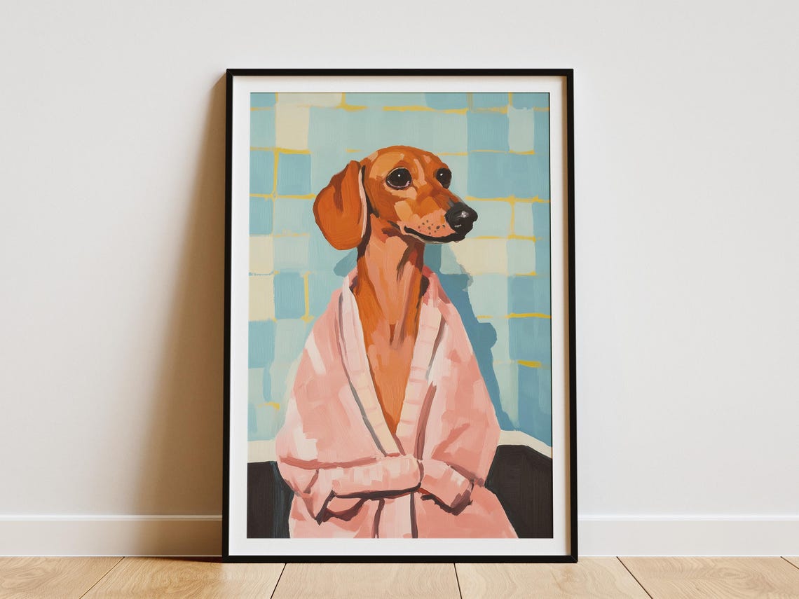 Red Dachshund in Pink Bathrobe Blue Bathroom Funny Dog Poster