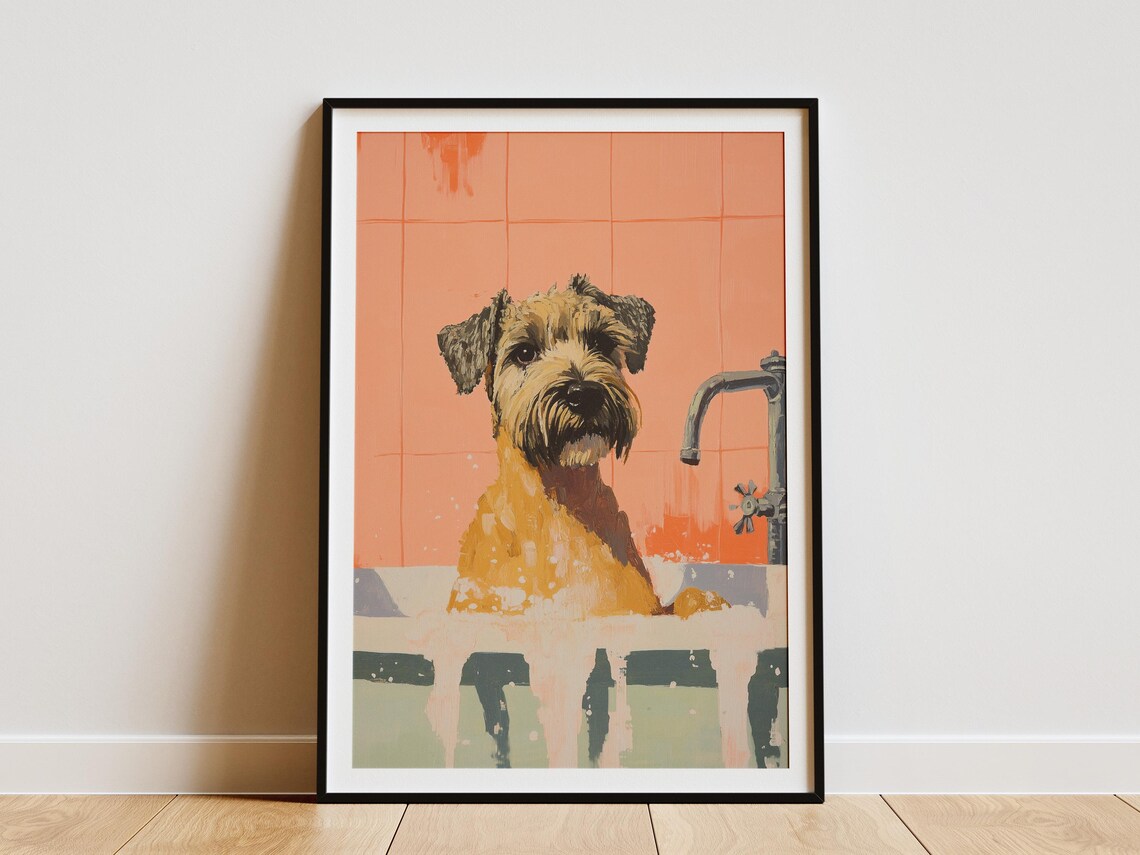 Wheaten Terrier Bath Time, Funny Dog Art Print