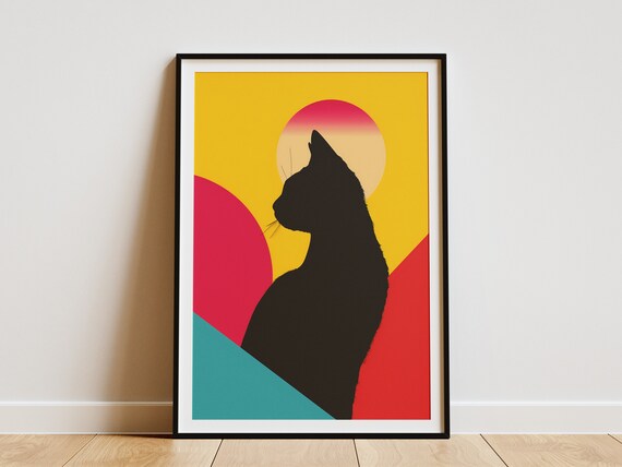 Black Cat Silhouette Against Radiant Sun Colorful Abstract Art Poster